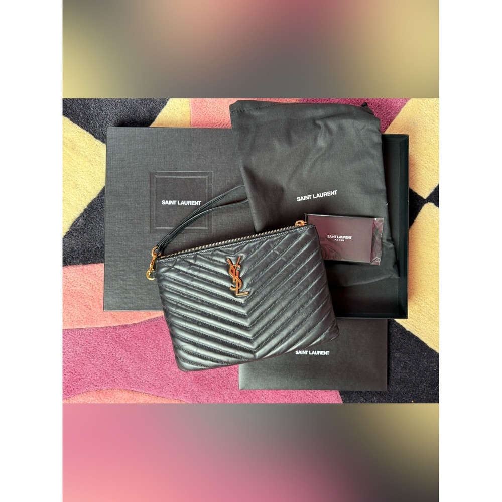 Saint Laurent YSL New Jolie Monogram Chevron Leather Wristlet Pouch Black Gold